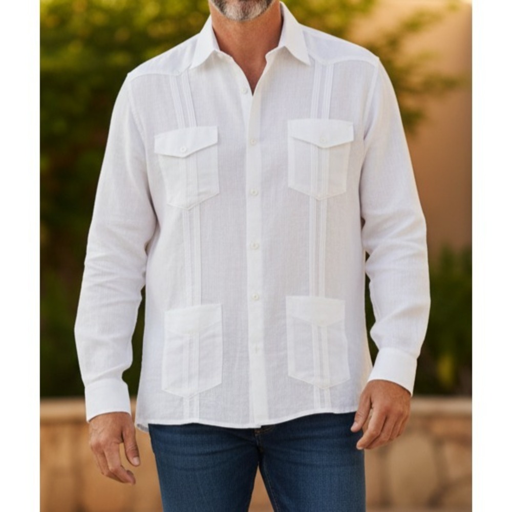 Cubavera Linen Guayabera Button Front Shirt Mens XL White Long Sleeve Pockets